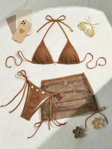 2026 three-piece bikini set, including a fishnet top and swim trunks, women's summer swimwear, covered by a transparent mesh skirt, elegant beachwear, fashionable and sexy swimsuit, suitable for beach vacation, with a fresh appearance