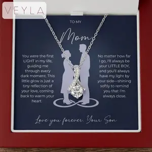 To My Mom Necklace from Son – Cubic Zirconia Pendant Stainless Steel Necklace with Heartfelt Message Card & LED Wooden Gift Box, Perfect Mother’s Day, Birthday or Christmas Gift for Mom – Veyla