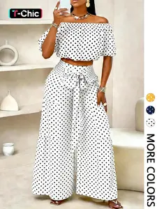 Women's Spring Summer Polka Dot Casual Chic Vacation Two-Piece Set, Off-Shoulder Short Top + High-Waisted Wide Leg Pants, Fitted Clothing Set, Summer Outfits Set