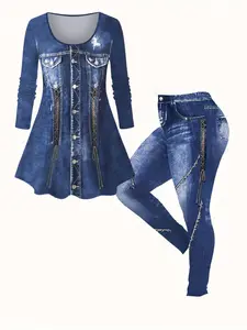 【Plus Size】 Two-piece Set Denim-effect Print Tee & Skinny Pants, Casual Scoop Neck Long Sleeve Fitted Top & Leggings for Daily Wear, Matching Sets, Women's Two-piece Outfits, Womenswear for Spring & Fall