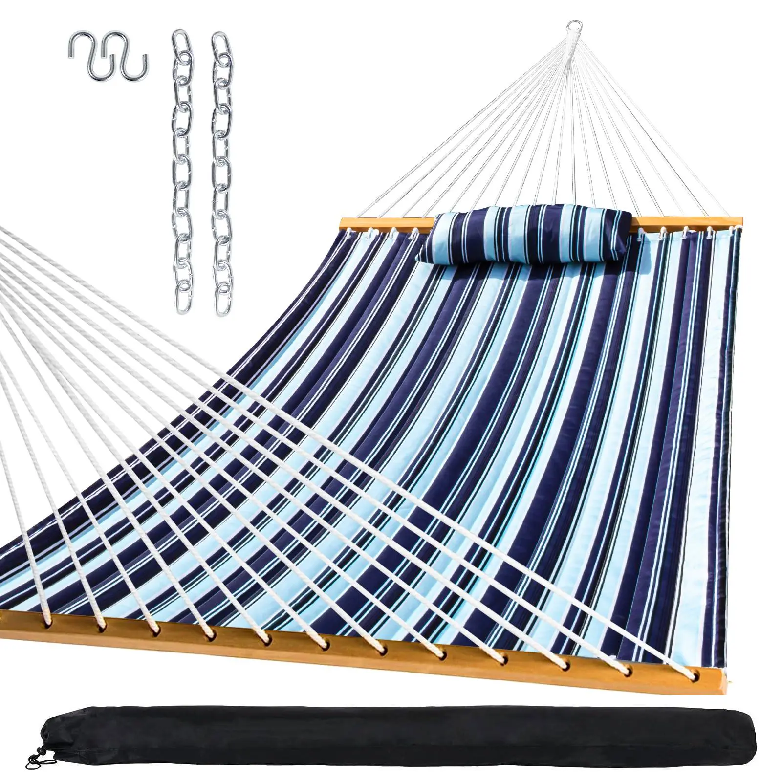 SZHLUX Outdoor Quilted Fabric Hammock, with Hanging Rod and Detachable Pillow and Chains, for Outdoor Patio Backyard Poolside, 400 lbs Weight Capacity