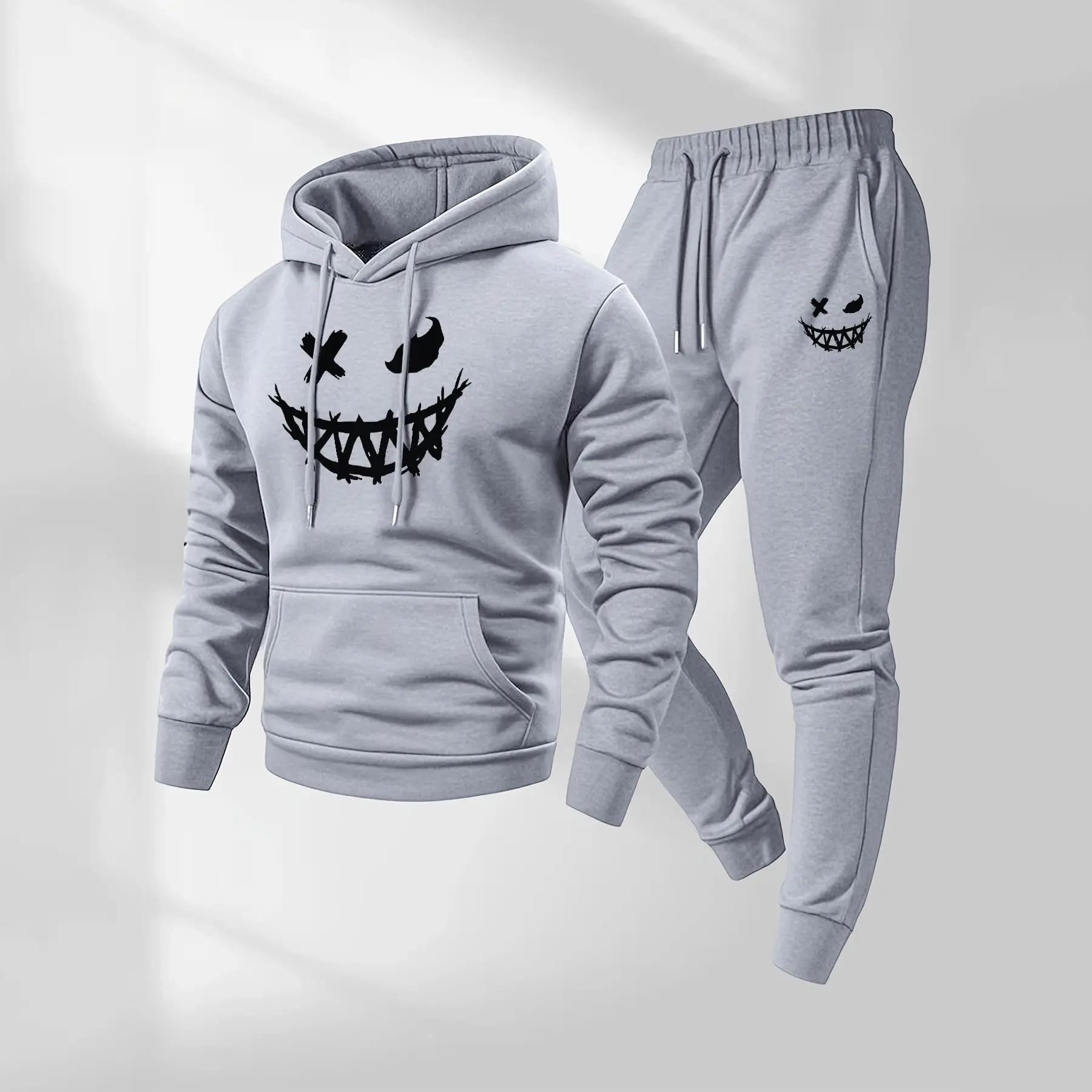 Men's Evil Smiley Face Pattern Hoodie and Drawstring Sweatpants Set, Casual Sports Long-Sleeved Hoodie and Pants, Suitable for Autumn and Winter, Street Style Hoodie Set, Men's Everyday Wear, Indoor and Outdoor Sportswear, Sports Set