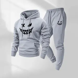 Men's Evil Smiley Face Print Hoodie and Drawstring Sweatpants Set, Long Sleeve Hooded Sweatshirt and Jogger Outfit with Pockets, Casual 2 Piece Fall Winter Streetwear Tracksuit, Trendy Sportswear Set for Daily, Indoor and Outdoor Activities