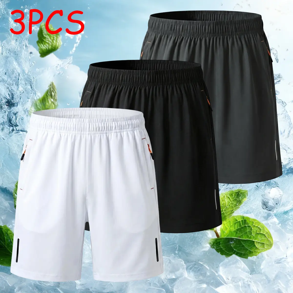 Men's 3-Pack Active Fitted Stretchy Quick Dry Ice Silk Casual Athletic Shorts, Menswear Bottoms with Zipper Pockets, Drawstring Waist, Reflective Stripes for Gym, Running, Dark Gray+Navy Blue+Black, XL, Casual Athletic Men's Shorts