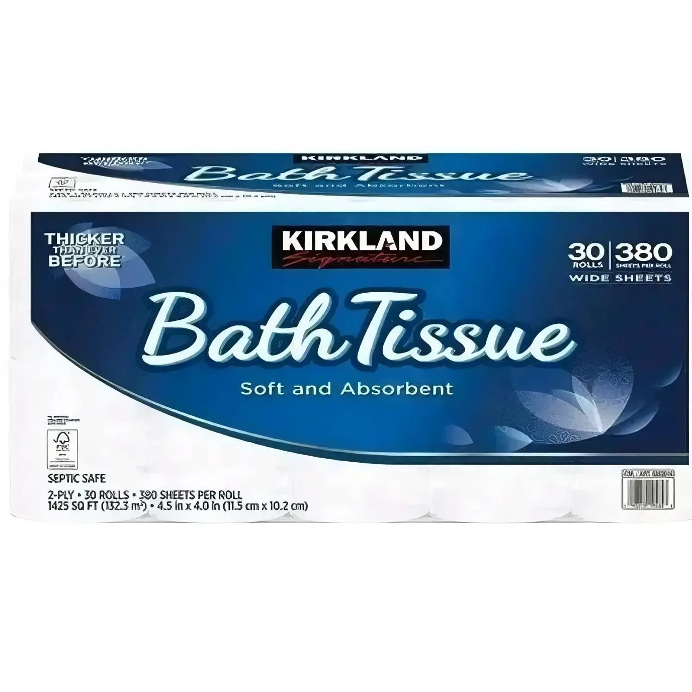 Kirkland Signature Bath Tissue - 30 Rolls, 380 Sheets Per Roll, Soft and Absorbent, Thicker Than Before, Septic Safe, 2-Ply, 1425 SQ FT