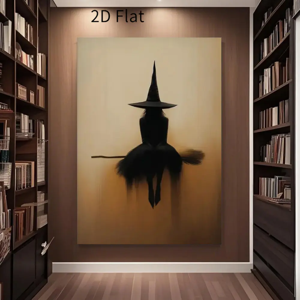 1pc Artistic Framed Vertical 2D Flat Witch on Broomstick Canvas Wall Art Print - Gothic Minimalist Ink Print, Dark Fantasy Boho Witchy Celestial Goth Home Decor for Bedroom Halloween Indoors, Framed Print