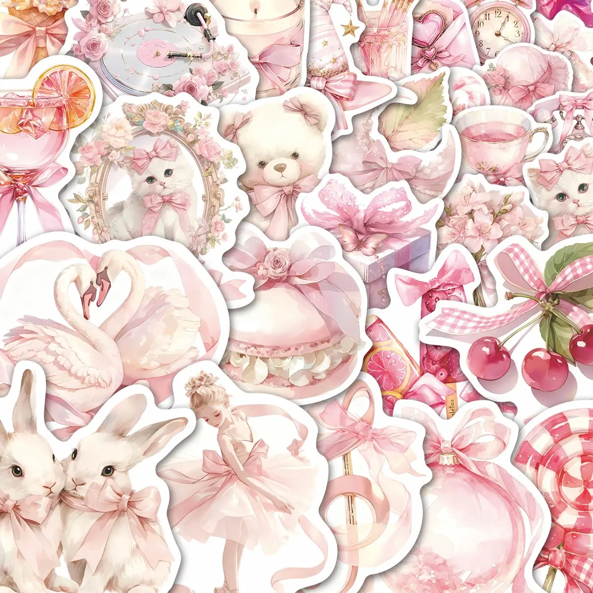 60Pcs Pink Coquette Bow Stickers Pack, Waterproof Cute Stickers Kawaii Pink Aesthetic & Feminine Floral Vinyl Decals for Laptop, Water Bottle, Journal & Scrapbook, Girly Gift, Decorative Stickers