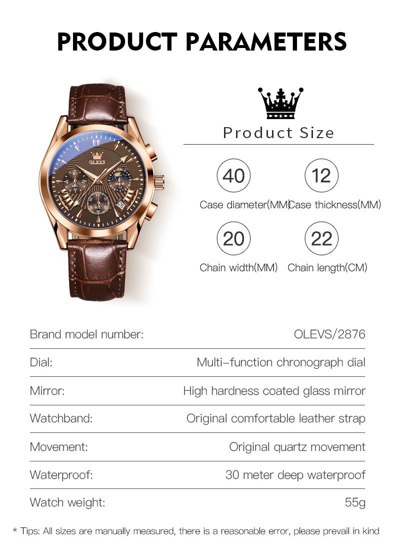 OLEVS Men’s Chronograph Watch Leather Strap Waterproof Quartz Wristwatch with Date Moon Phase Luminous Hands Business Casual Gift for Men 2876