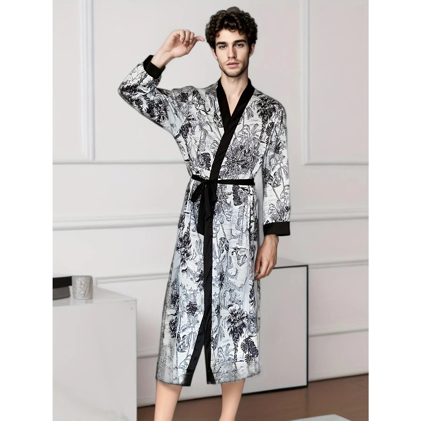 Men's Elegant Plants-Print Longsleeves Polyester Robe - Soft Loose-Fitting Nightwear with Belt, Casual Loungewear for Spring & Autumn