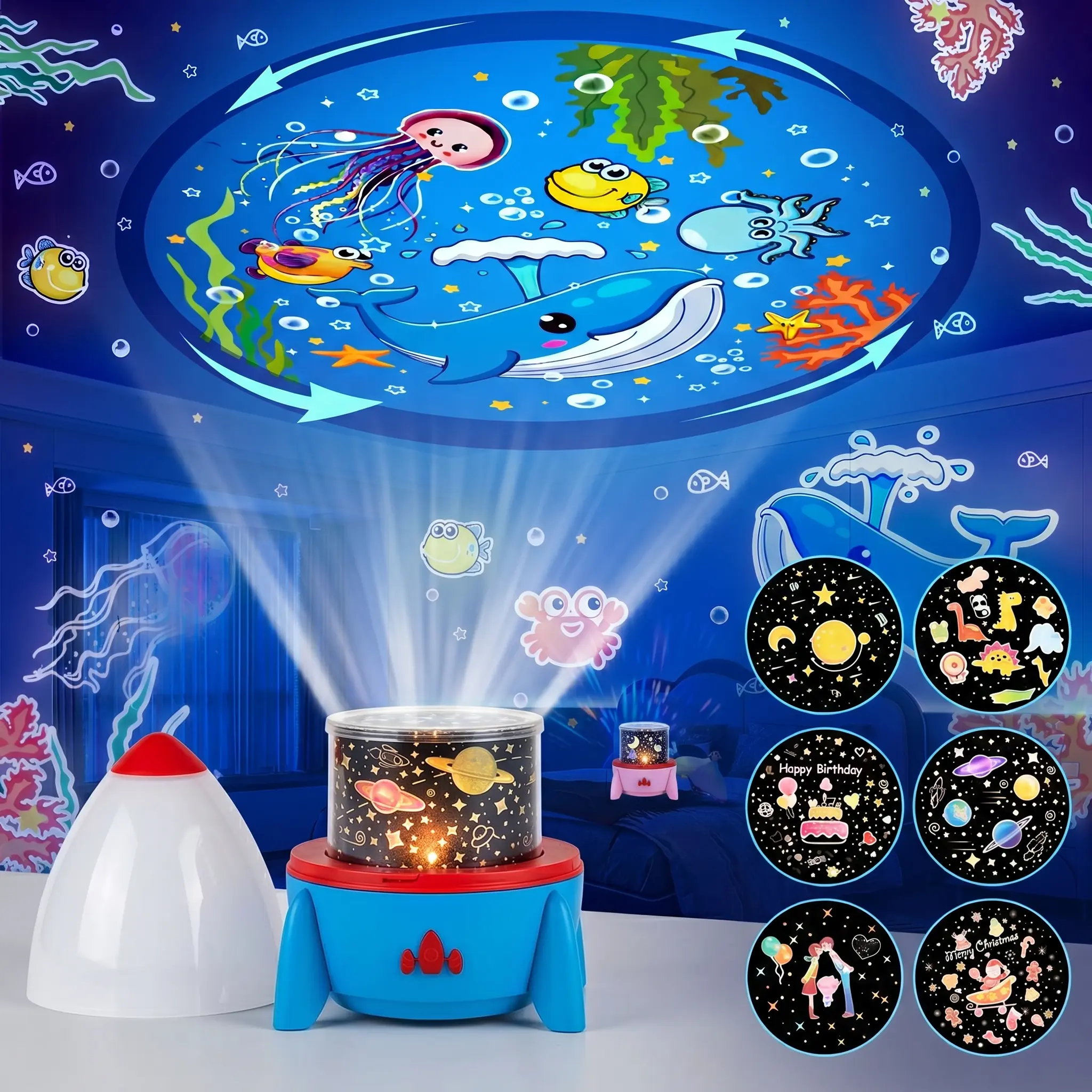 Rocket-Shape Astronaut Star Projector with Audio, 315 Modes, 15 Films, 15 Lullabies, Timer Auto-Off, Remote Control, 1200mAh Rechargeable, 360-Rotation Ambient LED Adjustable Children's Room Decor, Nursery Gift for Toddlers