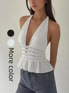 Vogue Women's Plain Rivet Decor Halter Tie Back Peplum Top Elegant Fashion Casual Backless for Daily Outdoor Summer Y2K Going Out, Cozy, Weekend Wear, Beach Ready, Trending Now, Versatile, Everyday, Classy, Comfy