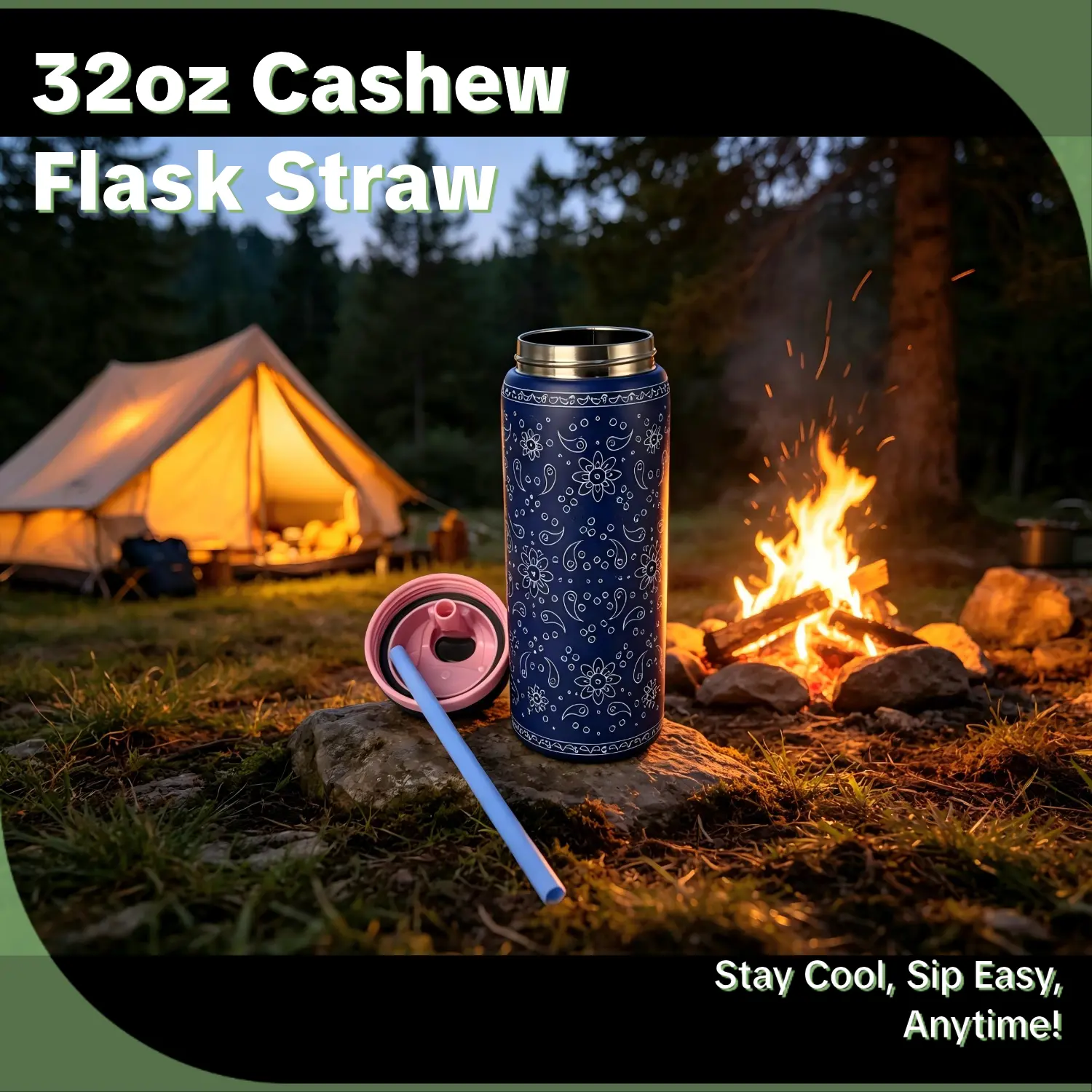 Cashew Nut Pattern Stainless Steel Thermal Flask Tumbler - 32oz/945ML Insulated Portable Water Bottle with Freesip Straw, Loop, Lid, 24+Hr Insulation Retention, Suitable for Camping, Work
