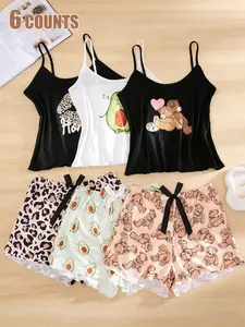 Women's Cartoon Print Crop Cami Top & Shorts Pyjama Set, Casual Comfy Cami Top & Shorts PJ Set, Women's Sleepwear for All Seasons