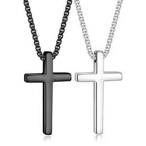 Easter Basket Stuffers 2 Pcs Cross Necklace for Men Boys,Stainless Steel Pendant Silver Black Gold Crosses Chain Jewelry Gifts Box