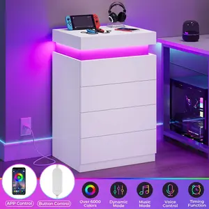 SIKAIC Nightstand with Sliding Top & 4 Drawers, White Bedside Table with Charging Shelf Storage for Bedroom