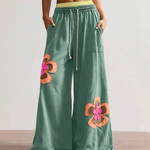 Women's Boho Hippie Embroidered Flower Patchwork Wide-Leg Pants - Comfy Elastic Waist Loose Fit Casual Bottom Clothes, Hippie Comfy Embroidered Wide-Leg Pants