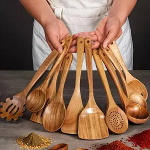 10-Piece Natural Wood Kitchen Utensil Set, Wooden Cooking Tools, Ergonomic Handles, Heat Resistant, Includes Spoons, Pans, Ideal for Induction Cooktops