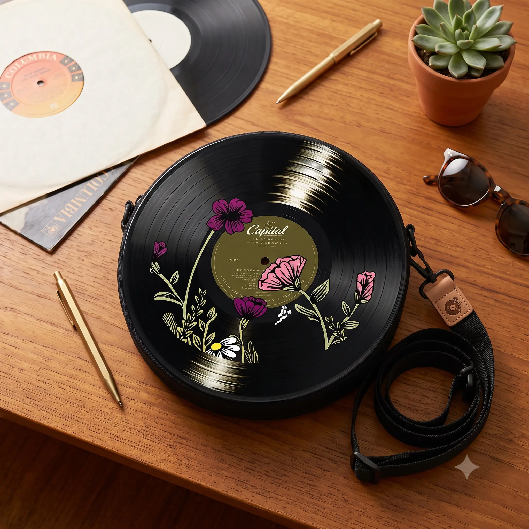 Retro Vinyl Record Crossbody Bag for Women, Circular Boho Floral Music Purse with Adjustable Strap, Polyester Statement Piece for Music Festivals, Durable Hardware, Coffee Shop Runs, Messenger Bag, Metallic Grooves