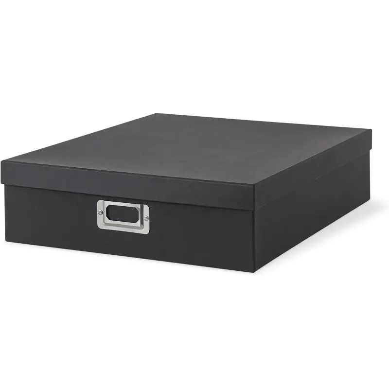 Photo Storage Box with Lid 14.8 × 13.0 × 3.7 Inches Keepsake Memory Organizer Cardboard Storage for Photo Albums Scrapbooks Artwork Stationary Memorabilia Craft Supply Black