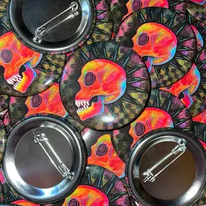 Rainbow Skull Pin - Colorful Skull Design Button Pin with Black Checkered Background