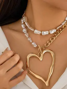 Fashionable Faux Pearl Decorated Heart Shaped Pendant Necklace, Fashion Jewelry for Party, Daily Clothing Decor, Trendy All-match & Exquisite Jewelry for Birthday Gift