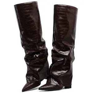 Women's Fall Knee High Boots Wide Calf Pointed Toe Chunky High Heel Fashion Fold Over in Deep Burgundy Leather & Faux Leather Brown Fall Winter Footwear