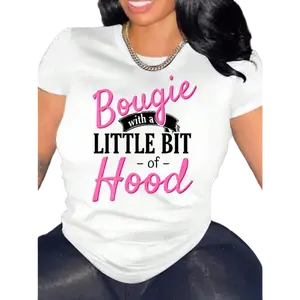 Bougie with a Little Bit of Hood" Graphic Tee - Women's Casual Short Sleeve Crew Neck Top, Breathable & Soft for Spring/Summer, Machine Washable