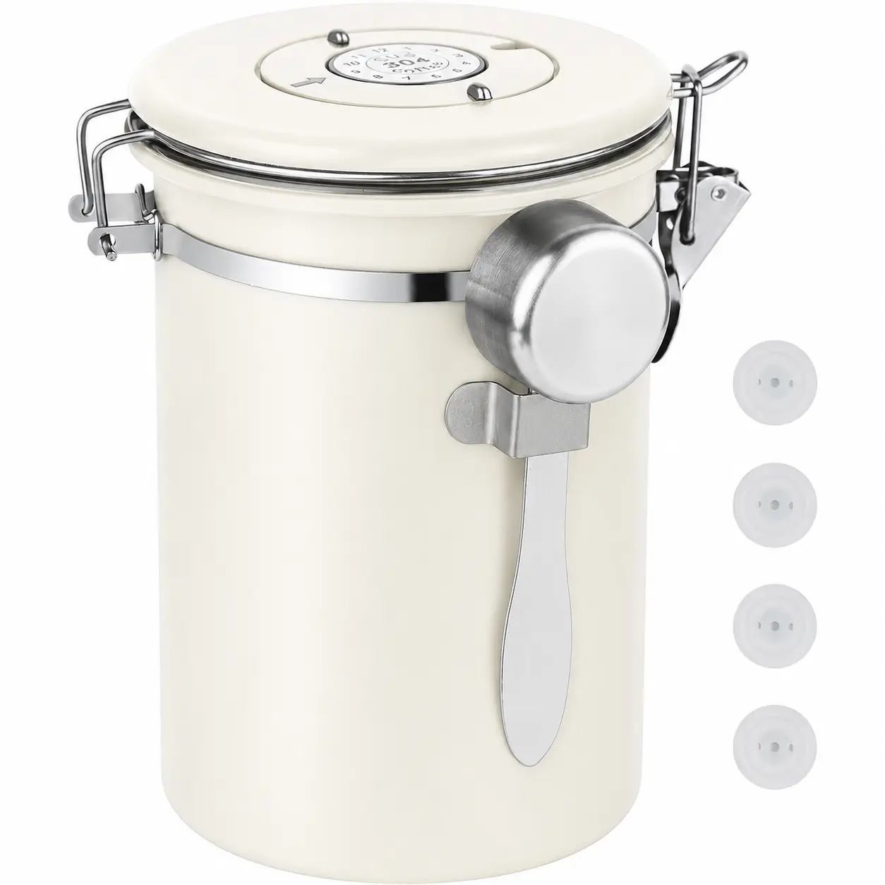 22OZ Matte Finish 304 Stainless Steel Airtight Silicone Lid Coffee Canister - Kitchen Utensils Container with Date Tracker, Scoop, Discreet Design, Freshness Preservation; Countertop Jars for Pantry Staples, Can-Shaped Jars