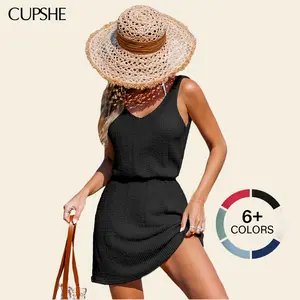 CUPSHE TikTokShopSpringGlowUp Chasing Horizons V-neckline Elasticized Waist Women Swimsuit Beach Cover-Up Mini Dress Sleeveless Summer Womenswear Classic Beachwear Bathing Suits