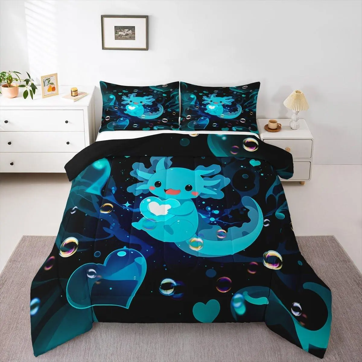 Feelyou Kawaii Axolotl Print Polyester Comforter Set - Lightweight Microfiber Bedding, U-Stitching, Ocean Creature Design, Travel-Ready for Kids, Bedroom Cozy Setup, RV Travelers Kawaii Look (Multi-Size), Polyester Fiber