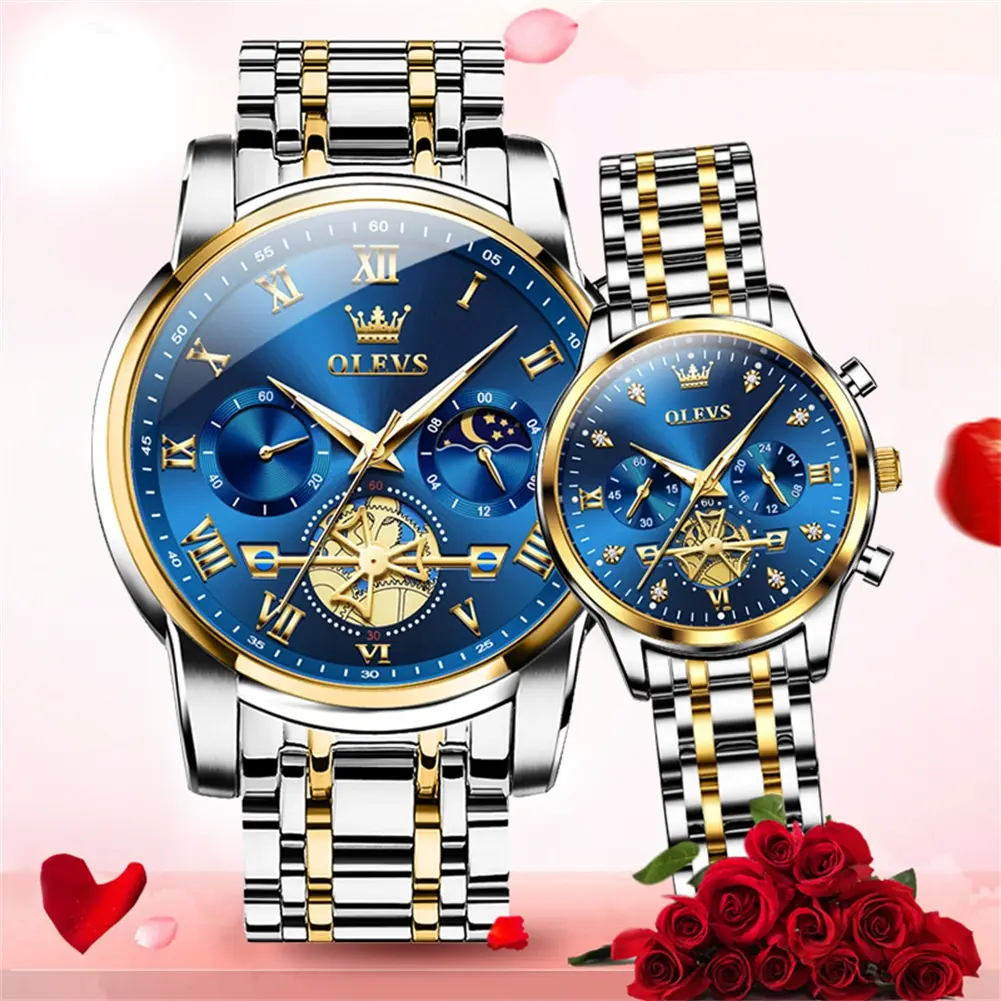 OLEVS couple watch set, quartz analog wristwatches, luminous, date display, stainless steel strap, trendy accessories,  birthday, valentine's day 2897