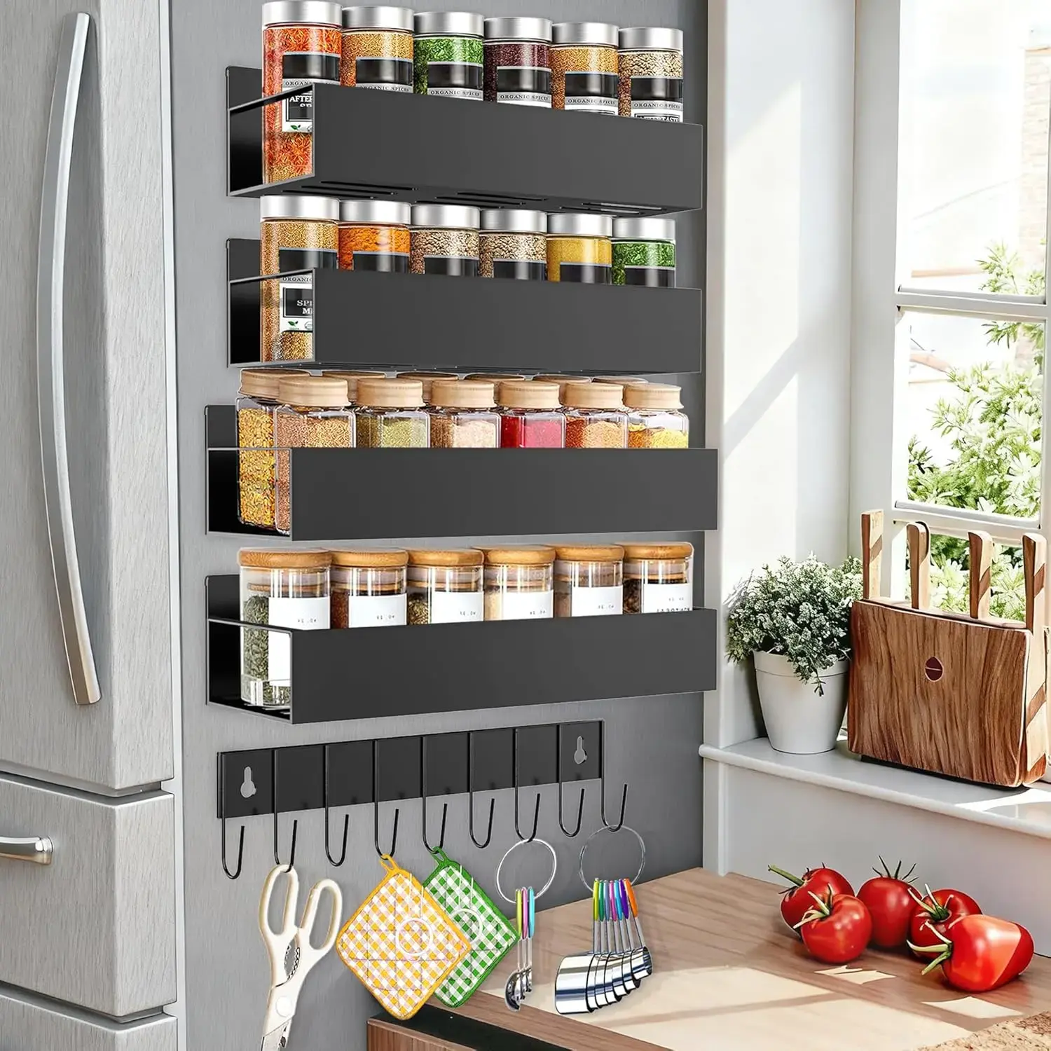 Magnetic Spice Rack for Refrigerator, Fridge  Shelf,6pack Magnetic Shelf for Fridge Space Saving Seasoning Organizer for Kitchen storage Any Metal Surface No Drilling Needed (4pack-Black)