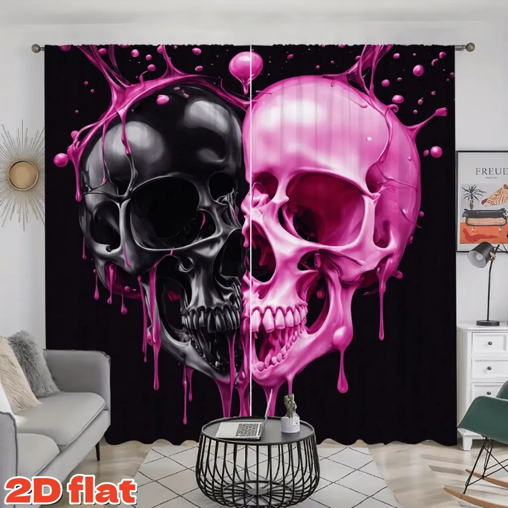 2D Flat 2Pcs Pink Black Skull Heart Shape Drip Paint Printed Window Curtains, Artistic Gothic Theme Drape, Semi-Shading Polyester Panel for Living Room Bedroom Decor, Privacy Protection Treatment, Home Accessory