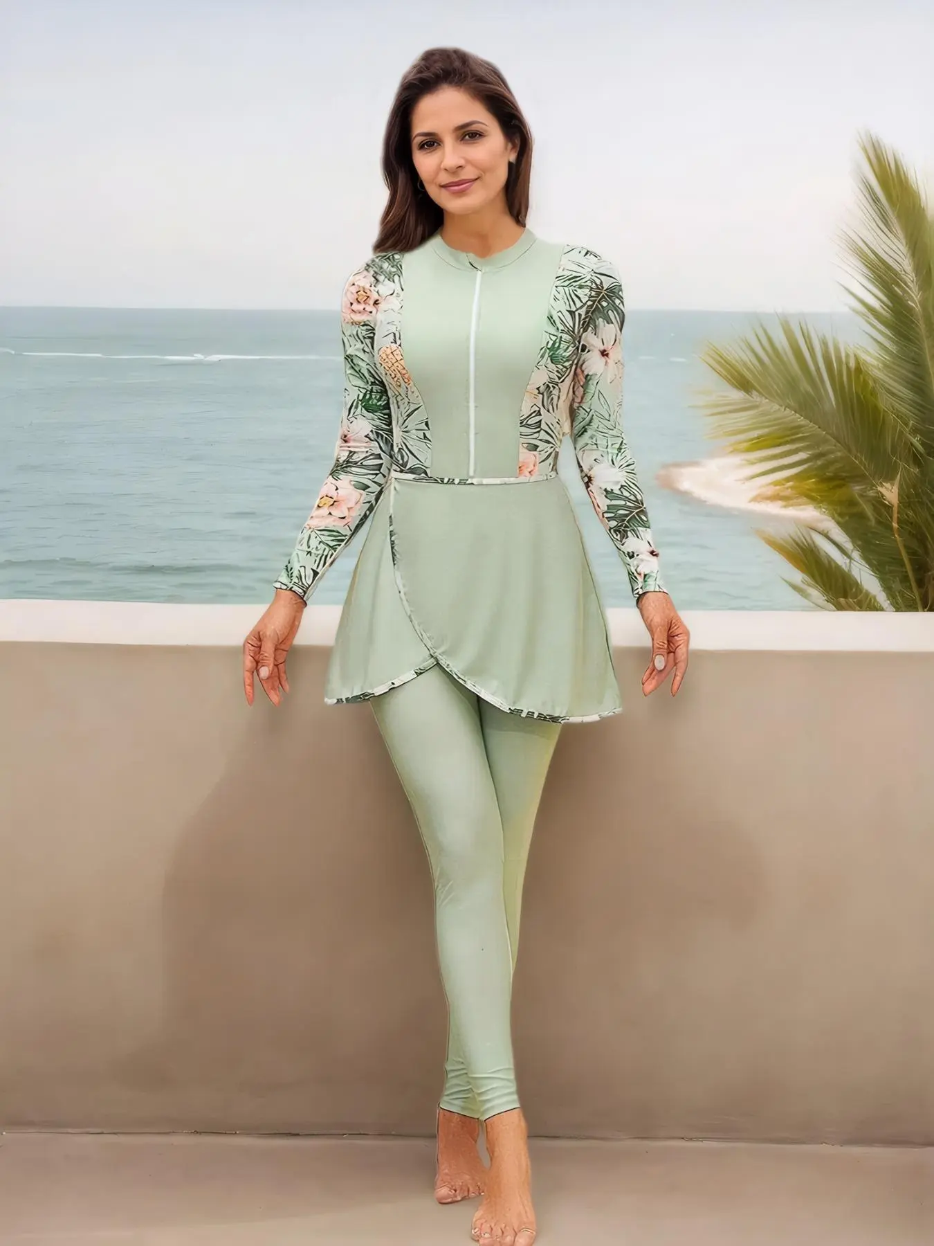Women's Floral Print Zipper One-piece Swimsuit & Pants & Wrap Cover Up Skirt, Modest Long Sleeve Stand Collar Three-Piece Set Swimwear for Beach Swimming, Ladies Swimsuit for All Seasons, Modest Fashion Swimsuit, Modest Beach Swimsuits