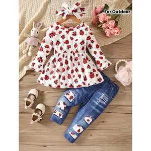 3pcs Baby Girl Outfit Set - Cute Butterfly & Avatar Printed Knit Fabric, Crew Neck Ruffle Long Sleeve Top, Regular Fit Knit Pants, Fall/Winter Season - Polyester 95%, Elastane 5%, for Outdoor