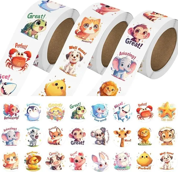 1500 PCS Animal Stickers for Kids Bulk - 3 Rolls Cute Reward Stickers with Motivational Words | 24 Farm Ocean Wild Designs, 1-Inch Waterproof Vinyl Decals for Toddlers, Teachers Classroom Prizes