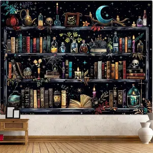 Dark Magic Bookshelf Tapestry, Mystical Witch Background Fabric, Boho Style Wall Decor for Bedroom & Meditation Space, Wall Hanging Tapestry