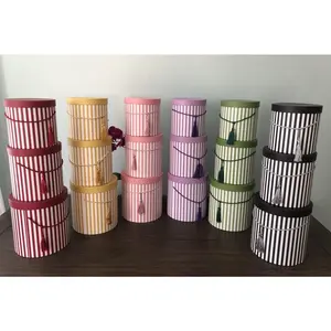 Set of 3, Large Round Flower/Gift Boxes with Lids, Color Stripes Design | W935
