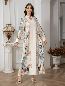 Women's Floral Print Long Sleeve Dress, Kaftan Dress, Elegant Fashion Casual Long Dress for Daily Outdoor Wear, Women's Islamic Clothing for All Seasons, Islamic Muslim Clothing, Modesty Muslim Clothing, Muslim Women Gowns