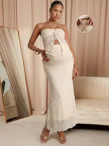 BELLAdresses Maternity Clothes Maternity Co Ord Summer Pregnant Clothes Apricot-Colored Textured Two-Piece Set, Halter Collar Soft And Comfortable Elegant