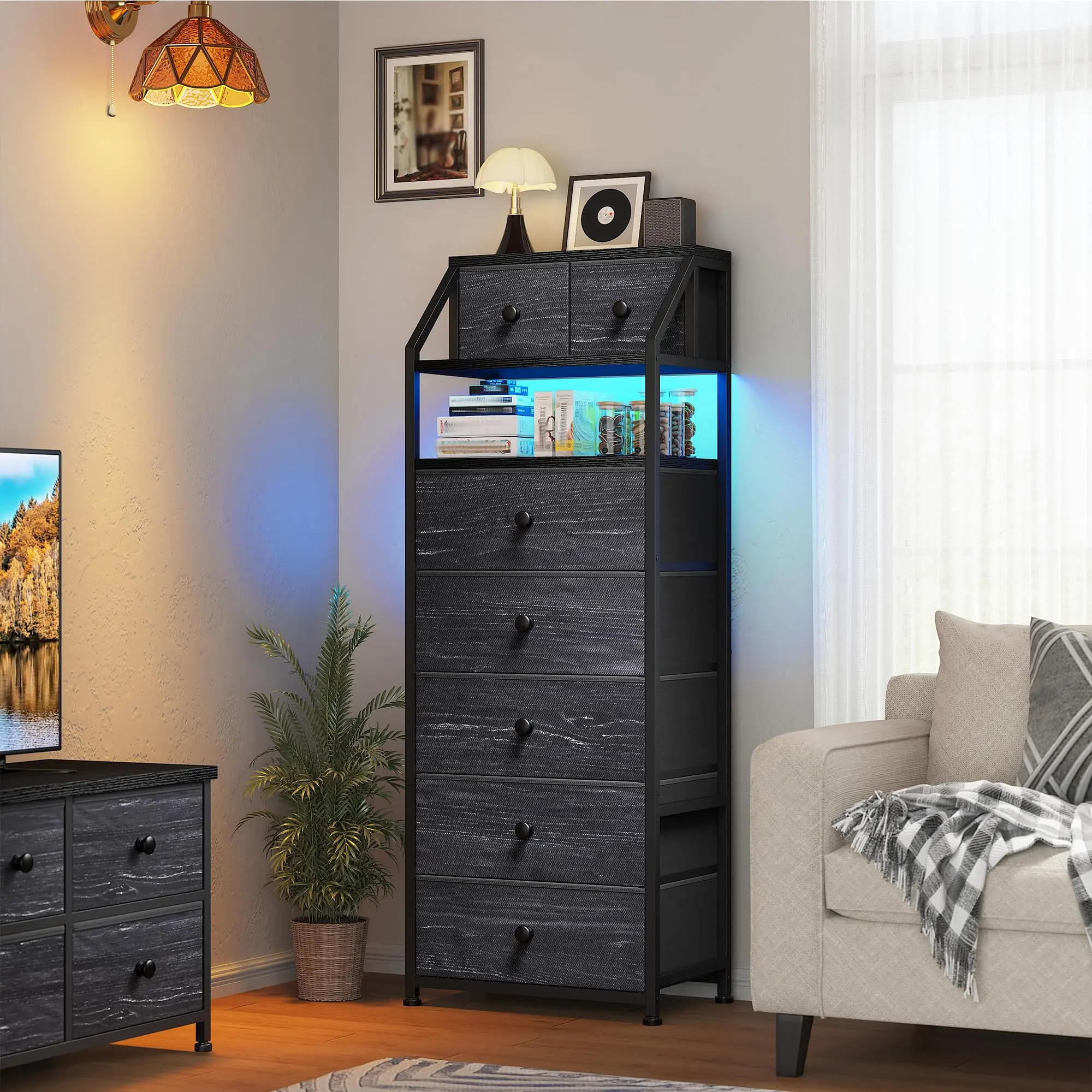 Raybee 51.2" Tall Dresser with LED, Aesthetic Modern Bedside Table, 7 Drawers with Open Wood Shelf & Fabric Bins, Stylish Space-Saving Design for Small Apartments, Sleek Home Decor for Bedroom, Living Room, Hallway, Entryway & Closet Organization