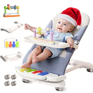Baby Bouncer 4-in-1 with Wheels, Detachable Piano, Feeding Tray, Play Bar, Thick Base. 3-Level Incline Portable Seat for Infant to Toddler 0-6, 0-12, 12-24 Months, Upto 29Lbs
