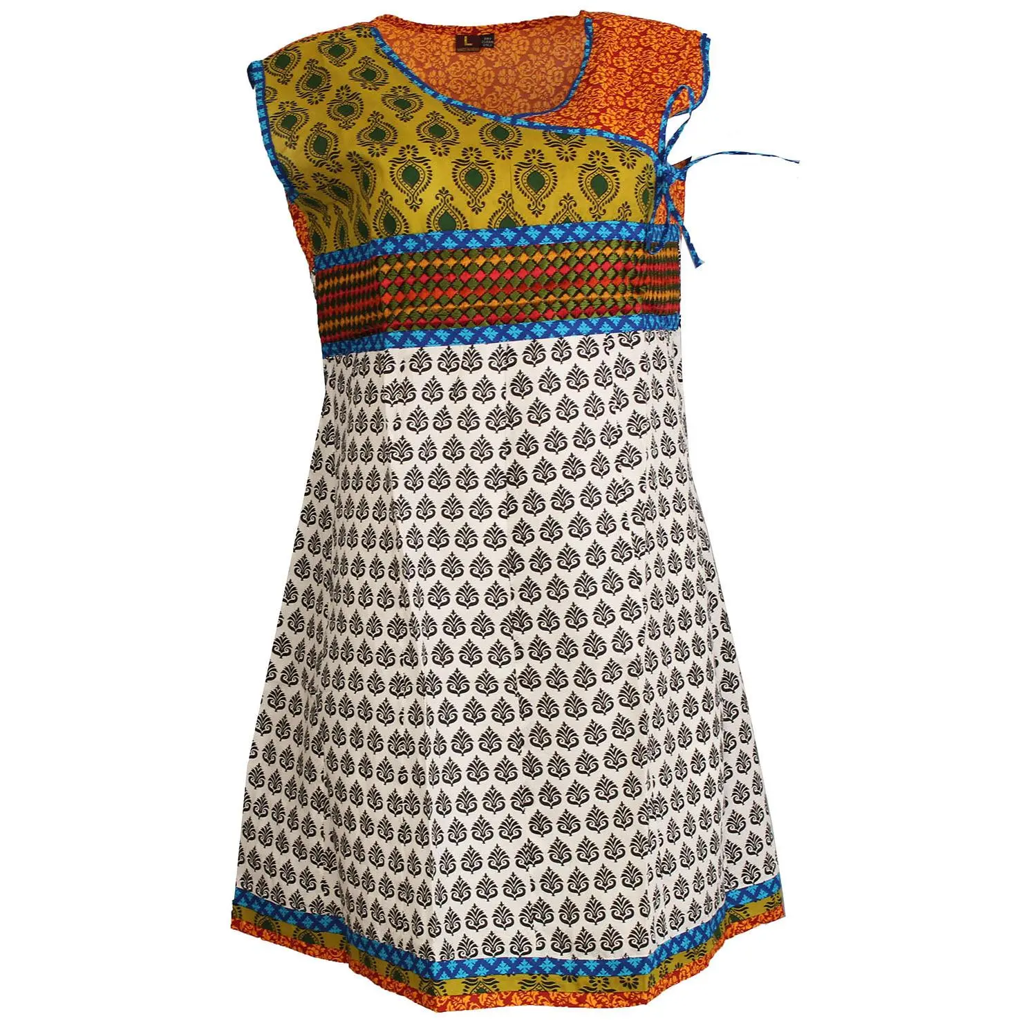 Tunic for Women Cotton White with Flower V-Neck Emboridery Patch Sleeveless Kurti, Kurta Tunic Top.