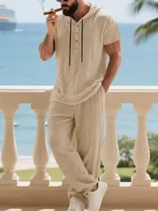 Men's Linen Hoodie Set, Menswear Short Sleeve Henley Shirt & Belted Pants, Casual Tropical Summer Beach Style, Breathable Plain Linen Hoodie Outfit (multiple Colors) Clothes