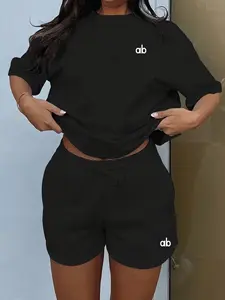 Women's Casual Two-Piece Set, Loose Fit T-Shirt with Small Ab Letter Print, High Waist Drawstring Shorts, Comfortable Summer Wear, Womenswear