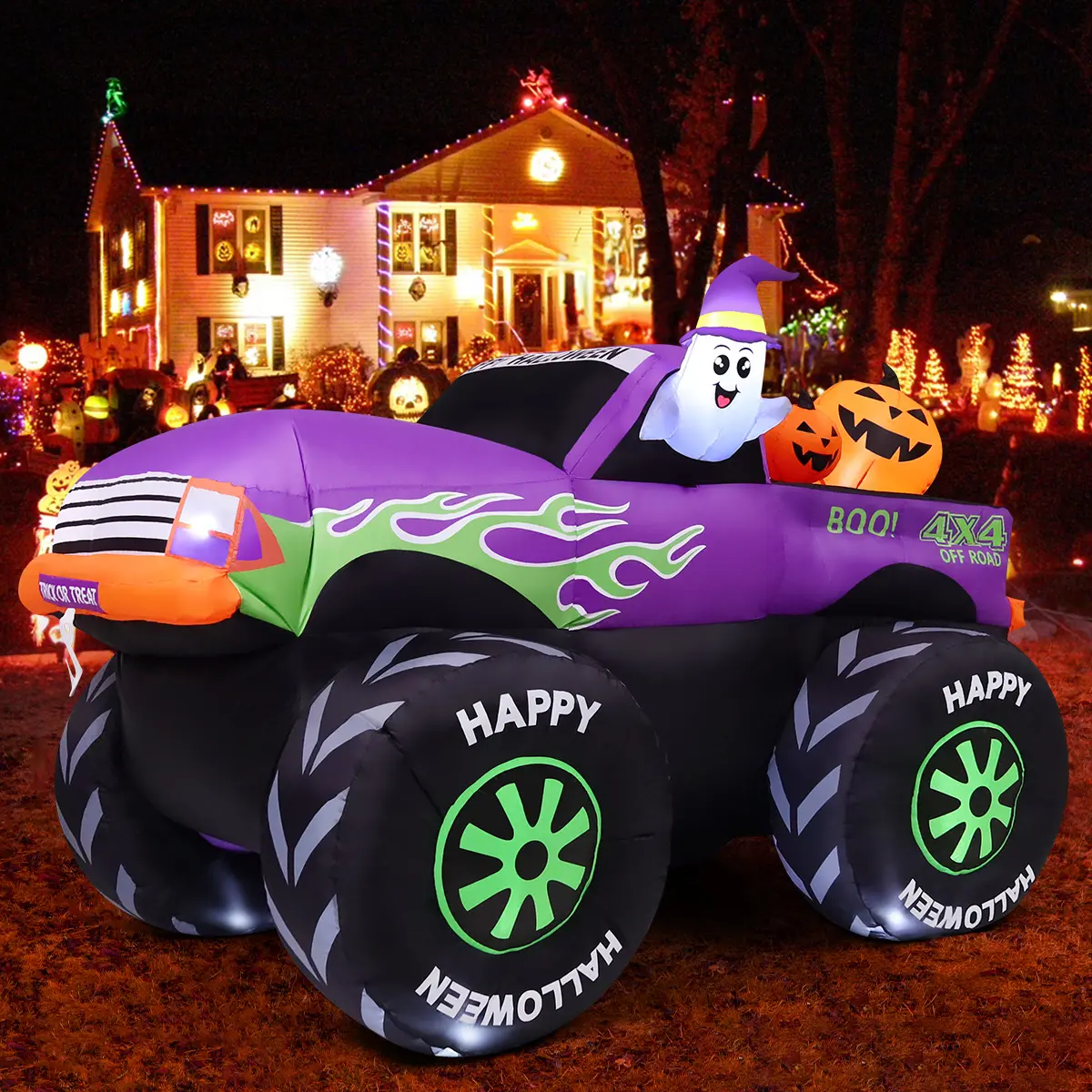 GOOSH 8 FT Inflatable Halloween Monster Truck Decor - Waterproof, Rainproof Inflatable Mascot Outdoor Holiday Decorations with Built-in LEDs, Cute Ghost & Pumpkin for Garden, Lawn, Indoor Party