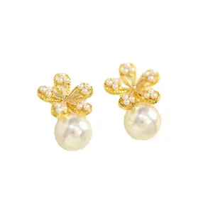 Elegant Faux Bead Floral Earrings Stud Earrings – Vintage-Inspired Jewelry for Women Y049