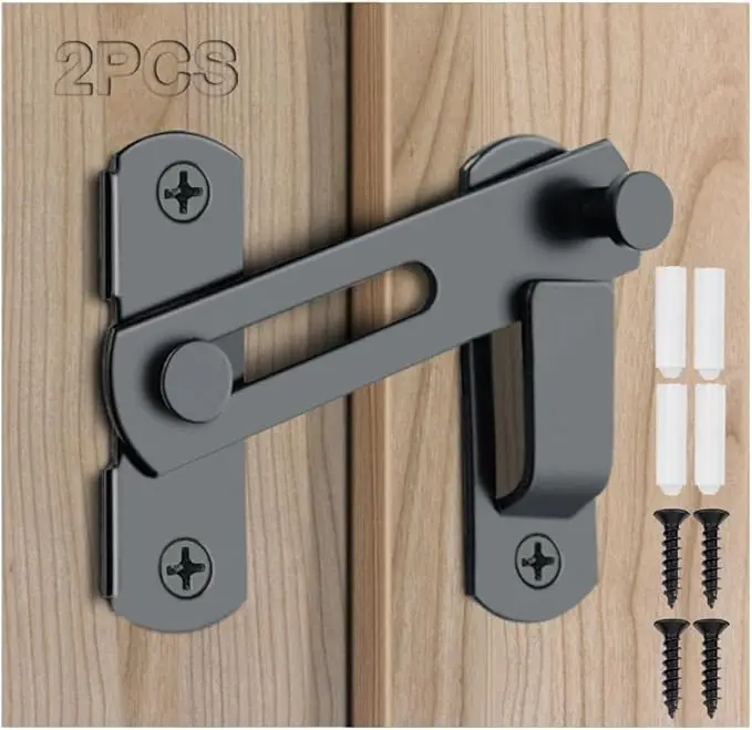 2PCS Compact Alloy Steel Barn Door Hook Eye Lock - 180° Rotate Flip Sliding Latch with Anti-Rust Coating for Barn Door, Garage, Outdoor (Black)