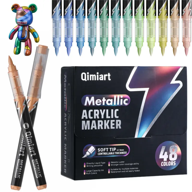 Metallic Acrylic Paint Markers, 48 Colors Soft Brush Acrylic Metallic Markers Set,Glitter Paint Pens for Black Paper, Rock Painting, Glass, Wood, Ceramic, DIY Arts and Crafts, Brush Tip Markers