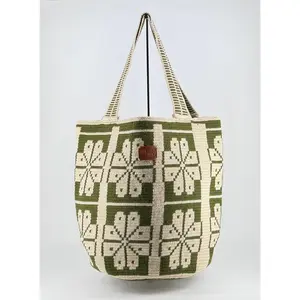 Women's Folk Handwoven Green Mairu Wayuu Mochila (Mochilón) Floral Bag, Authentic Colombian Handbag, Folk Women's Handbags